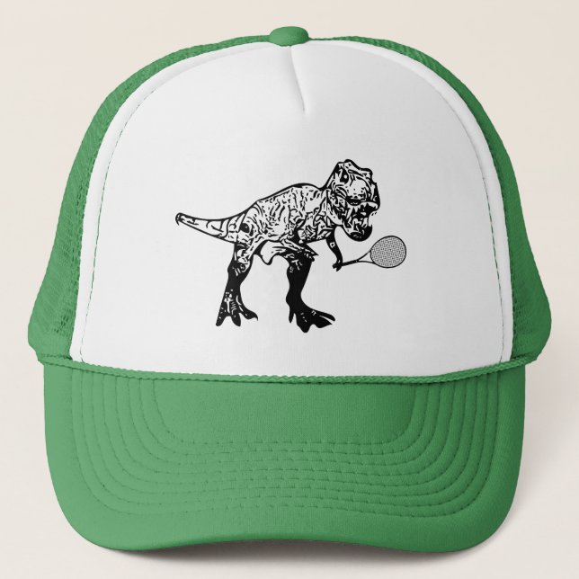 T-Rex Dinosaur mit Tennis Racquet Truckerkappe (Vorderseite)