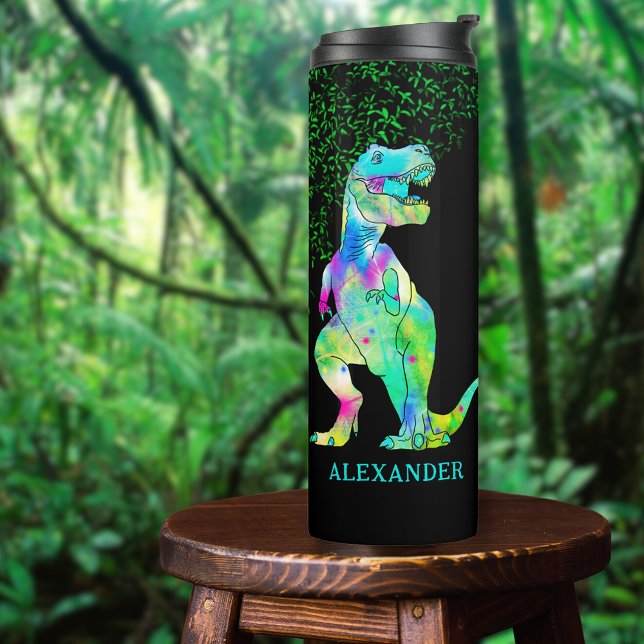 T-Rex Dinosaur Name hinzufügen Thermosbecher (Colorful T-Rex dinosaur custom name thermal tumbler with Jurassic jungle foliage )