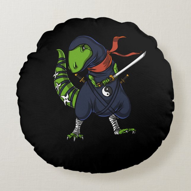 T-Rex Dinosaur Ninja Samurai Warrior Rundes Kissen (Vorderseite)