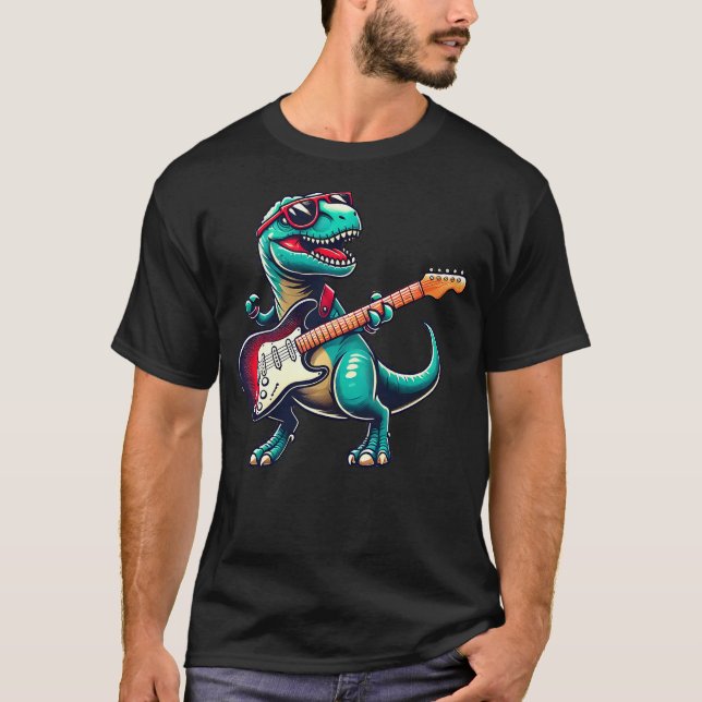 T-Rex Dinosaur Playing Guitar Musician Music T-Shirt (Vorderseite)