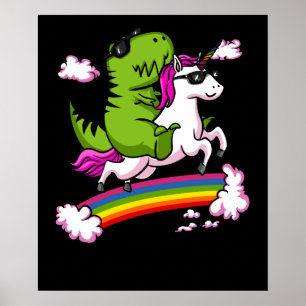 T-Rex Dinosaur Reiten Magisches Einhorn Regenbogen Poster