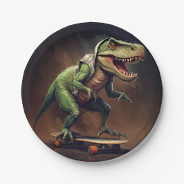 T-Rex Dinosaur Rising a Skateboard Geburtstagspart Pappteller