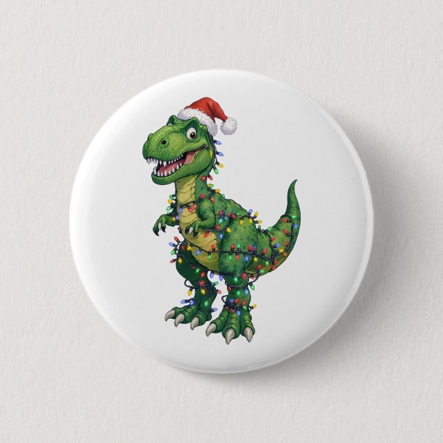 T-Rex Dinosaur Santa Hut Weihnachtsbeleuchtung Lus Button (Vorderseite)