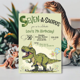T-Rex Dinosaur Seven-A-Saurus 7th Birthday Party Einladung