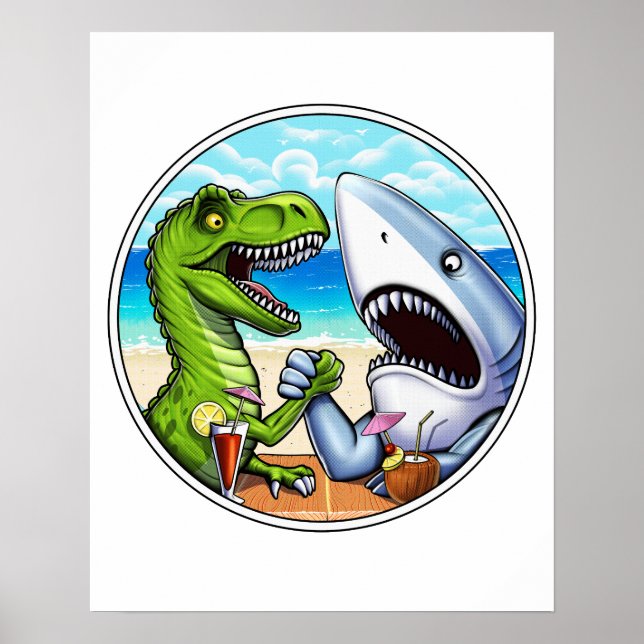 T-Rex Dinosaur Shark Arm Wrestling Poster (Vorne)
