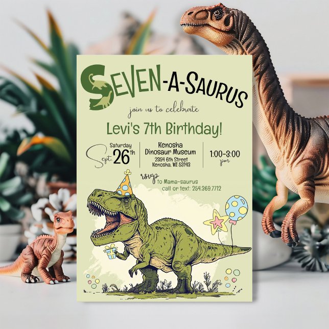 T-Rex Dinosaur Sieben-A-Saurus 7. Geburtstagsfeier Einladung (Cute Cartoon T-Rex funny Dinosaur Seven-A-Saurus boy seventh kids 7th birthday party invitation)