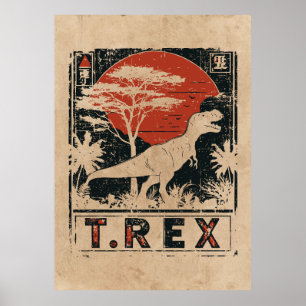 T-Rex Dinosaur Vintag Art   Wabi Sabi Red Sun Poster