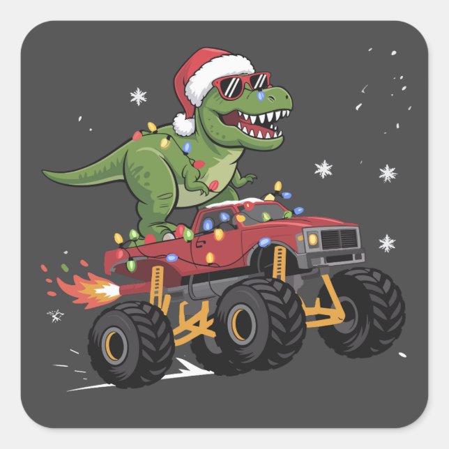 T-Rex Dinosaur Weihnachtsmonster Truck Quadratischer Aufkleber (Vorderseite)