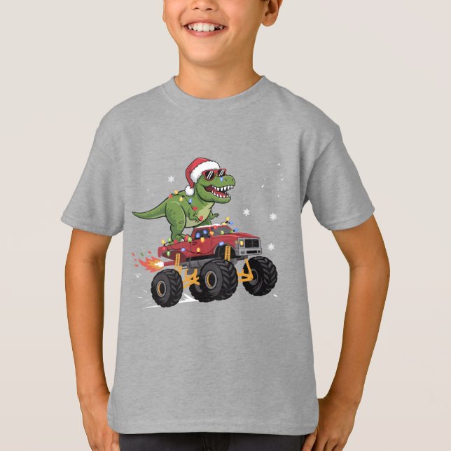 T-Rex Dinosaur Weihnachtsmonster Truck T-Shirt (Vorderseite)