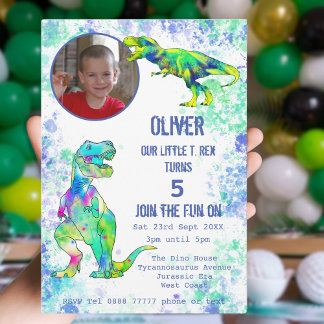 T rex Dinosaurier 5. Geburtstag Foto Grün Blau Einladung