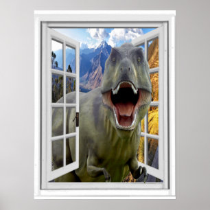 T-Rex Dinosaurier-Bild-Fake-Fenster Poster