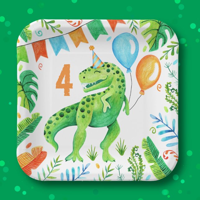T rex Dinosaurier Boys Birthday Watercolor Pappteller (T rex Dinosaur Boys Birthday Watercolor Paper Plates)