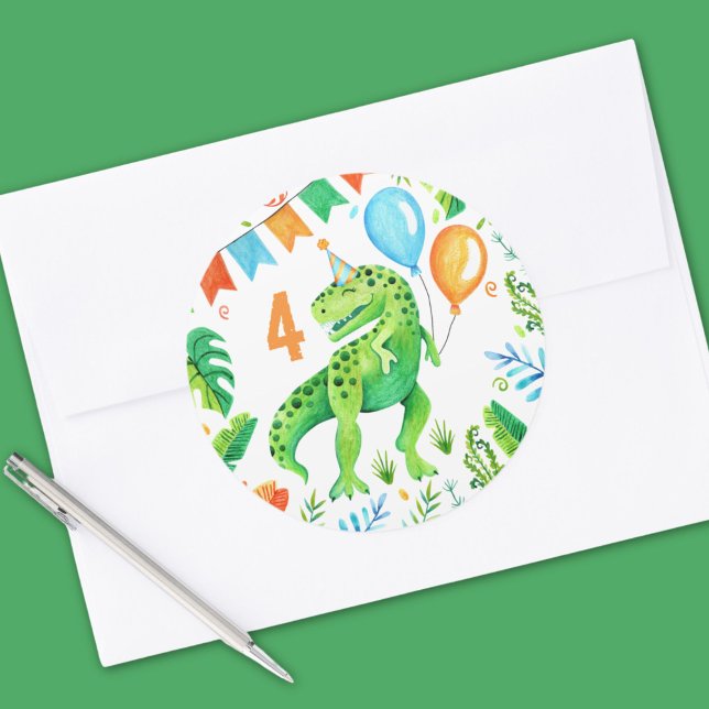 T rex Dinosaurier Boys Birthday Watercolor Runder Aufkleber (T rex Dinosaur Boys Birthday Watercolor Classic Round Sticker)