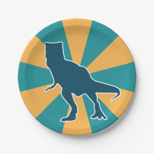 T-rex-Dinosaurier-Kinder mit gelben und blauen Car Pappteller