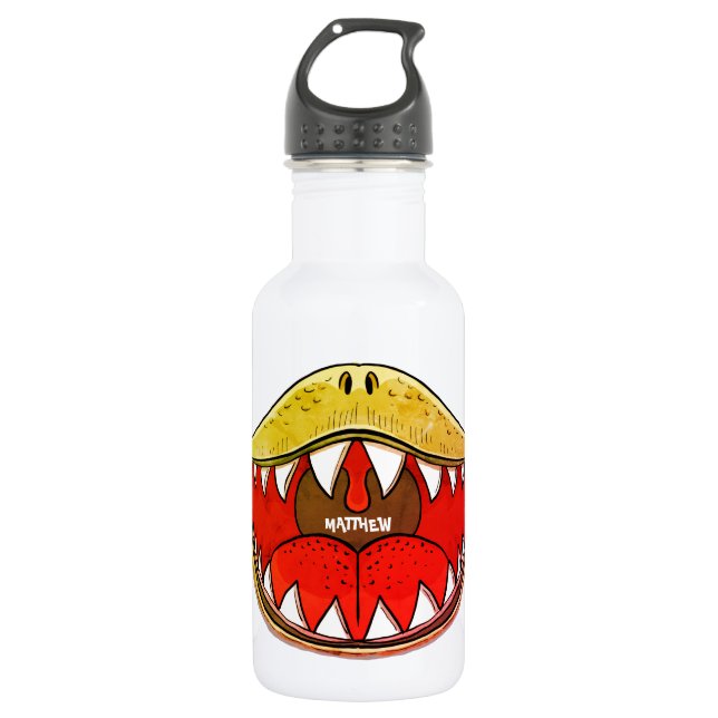 T-rex Dinosaurier Mund Kinder Cartoon Gelber Name Edelstahlflasche (Vorderseite)