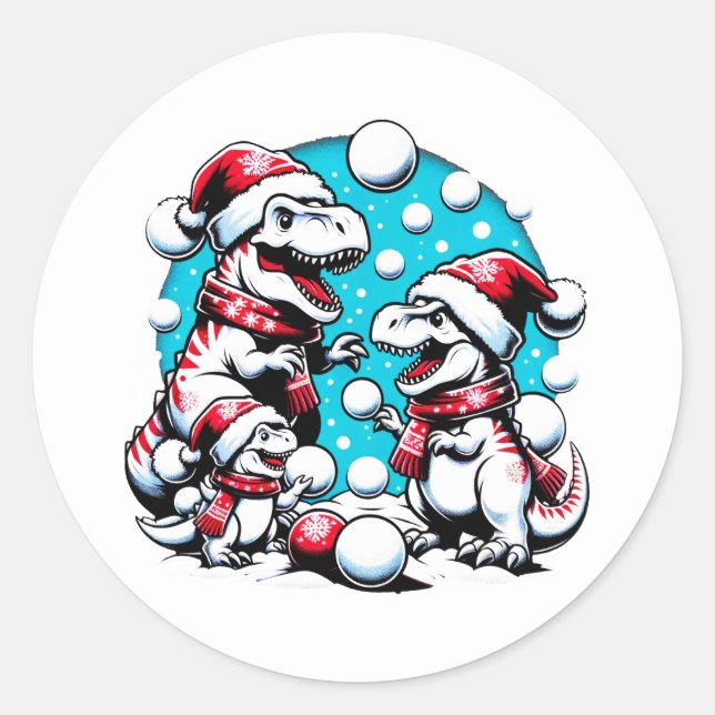 T-Rex Family Snowball Fight - Funny Christmas Dino Runder Aufkleber (Vorderseite)