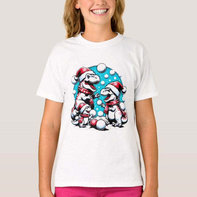 T-Rex Family Snowball Fight - Funny Christmas Dino T-Shirt (Vorderseite)