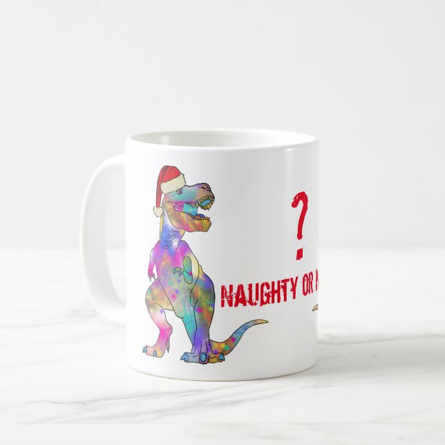 T Rex Festive Dinosaur Funny Naughty oder Nice Zit Kaffeetasse (Vorderseite Links)