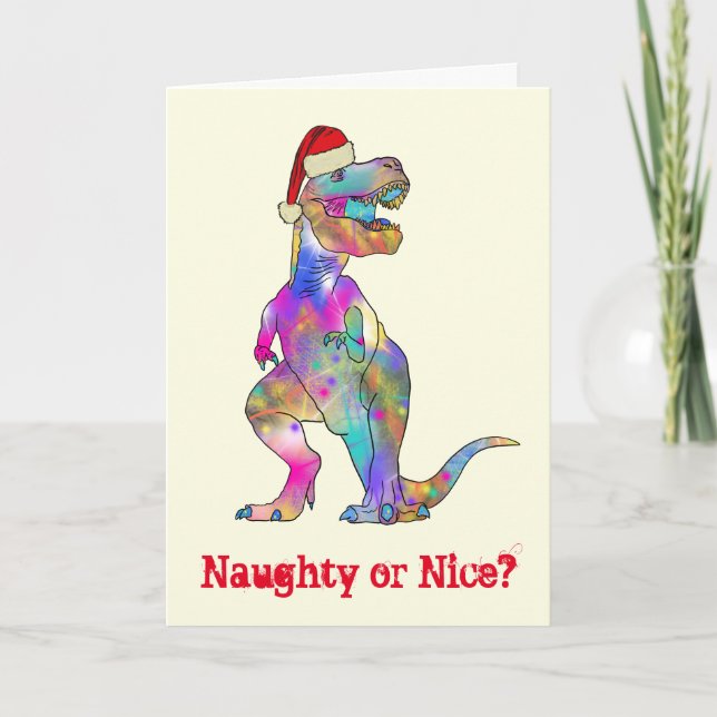 T Rex Funny Festive Naughty oder Nice Dinosaurier  Karte (Vorderseite)