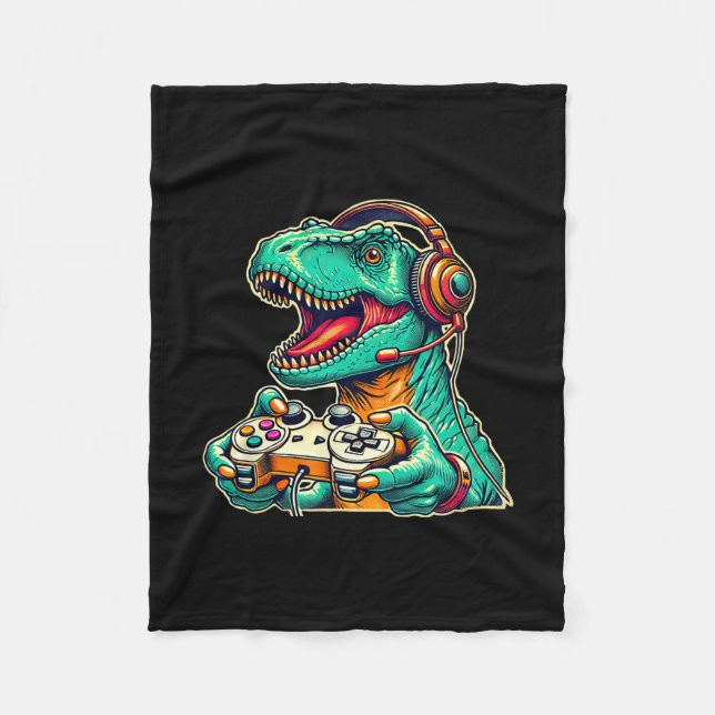 T-Rex Gaming mit Headset Lustiger Dinosaurier Game Fleecedecke (Vorderseite)