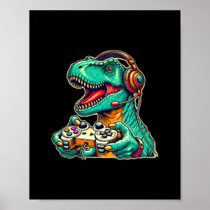 T-Rex Gaming mit Headset Lustiger Dinosaurier-Game Poster