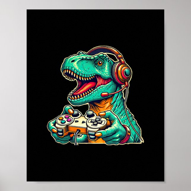 T-Rex Gaming mit Headset Lustiger Dinosaurier-Game Poster (Vorne)