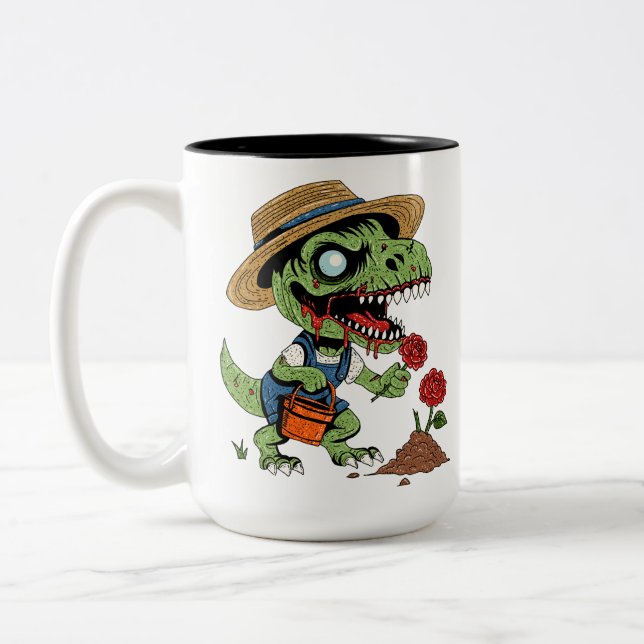 T-Rex Gardener Zombie Zweifarbige Tasse (Links)