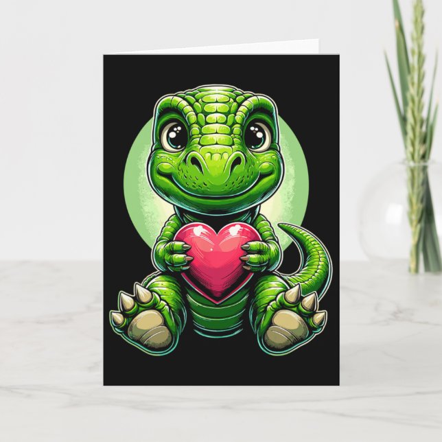 T-rex Holding Heart Valentine's Day Cute Dinosaur  Karte (Vorderseite)