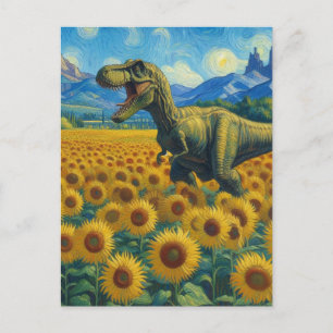 T-Rex im Sonnenblumenfeld Van Gogh Style Postkarte