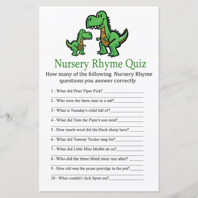 T-rex Kinderzimmer Rhyme Quiz Babydusche (Vorderseite)