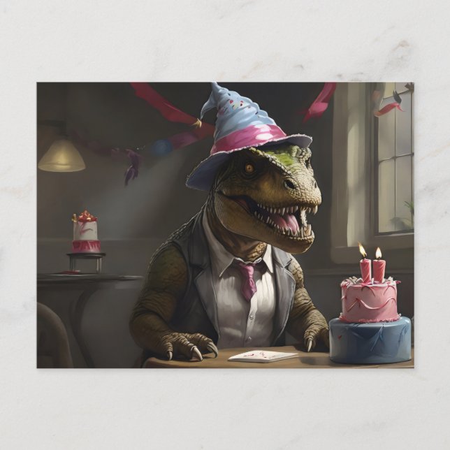 T-Rex mit Geburtstagshut Postkarte (Vorderseite)