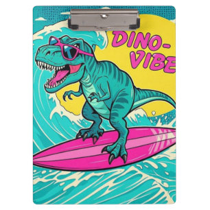 T-Rex mit Sonnenbrille und Neonrosa Klemmbrett