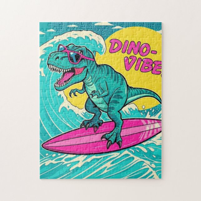 T-Rex mit Sonnenbrille und Neonrosa Puzzle (Vertikal)
