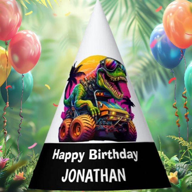 T Rex Monster Truck Happy Birthday Partyhütchen (Perfect for roaring fun, vibrant colors, and unforgettable memories.)