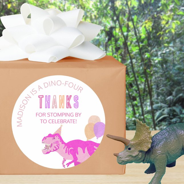 T-Rex Pink Niedlich jedes Alter Dinosaurier Vielen Runder Aufkleber (Add your details to these cute pink dinosaur thank you stickers)