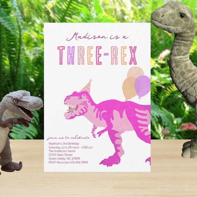 T-Rex Pink Three-Rex Dino Third 3rd Birthday Einladung (Easy to personalize for your pink dinosaur birthday party theme)