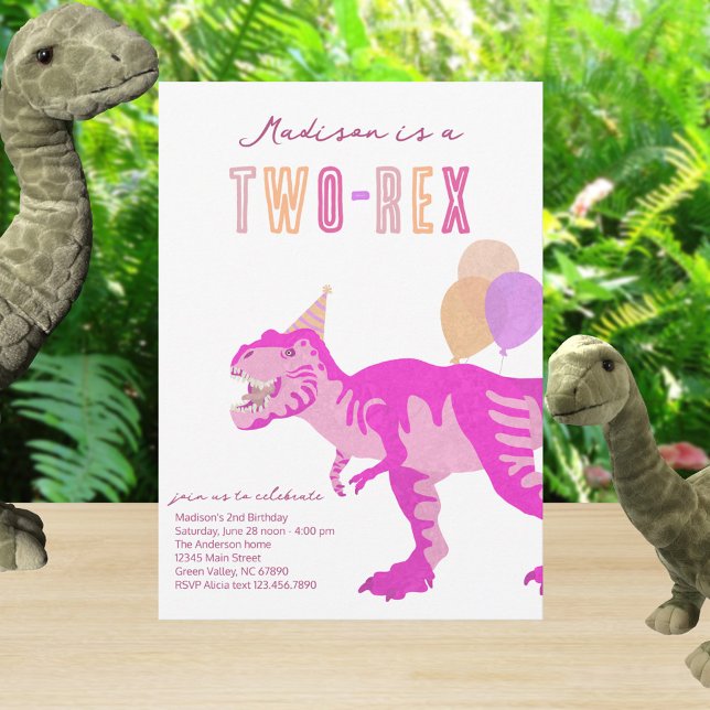 T-Rex Pink Two-Rex Dino Second 2nd Birthday Einladung (Cute pink dinosaur Two Rex birthday party invitations)