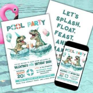 T-Rex Pool Party Geburtstagseinladung Einladung