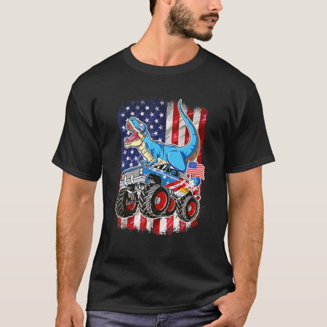 T Rex Riding Monster Truck 4. Juli American Fl T-Shirt (Vorderseite)
