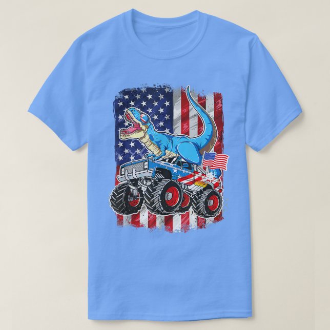 T Rex Riding Monster Truck 4. Juli American Fl T-Shirt (Design vorne)
