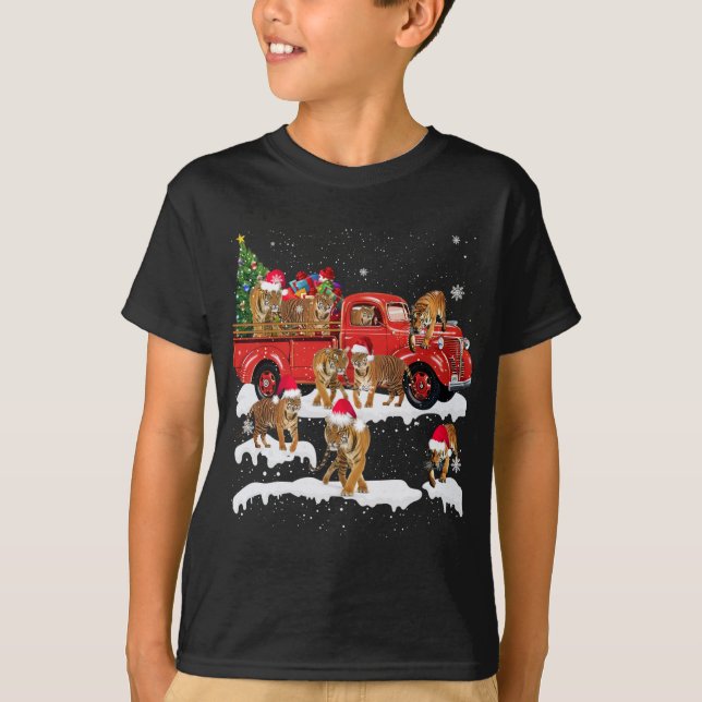 T-rex Riding Red Truck Weihnachtsbaum glauben Sant T-Shirt (Vorderseite)