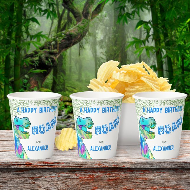 T-Rex Roar Dinosaur Geburtstagsparty Pappbecher (T-Rex roar dinosaur birthday party custom paper cups for any age. Colorful tyrannosaurus & jungle)