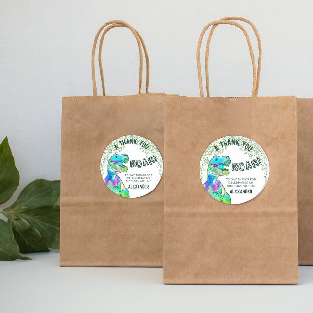 T-Rex Roar Dinosaur Party Vielen Dank Runder Aufkleber (A thank you T-Rex roar personalized dinosaur jungle birthday party favor sticker)
