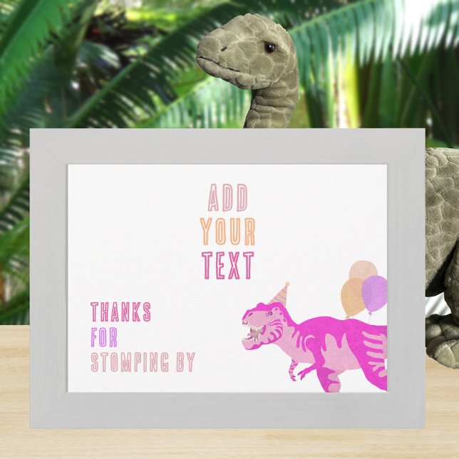T-Rex Rosa Dino 12x18 Landscape Editable Sign Card Einladung (It's easy to personalize these pink dinosaur birthday tabletop signs)