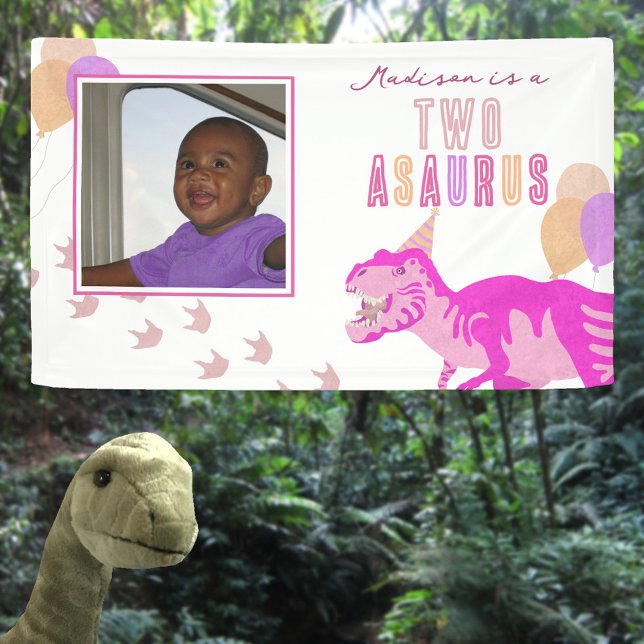 T-Rex Rosa Foto jedes Alter Dinosaurier Kinder Par Banner (It's easy to add your child's name and photo to this pink dinosaur birthday party banner sign)