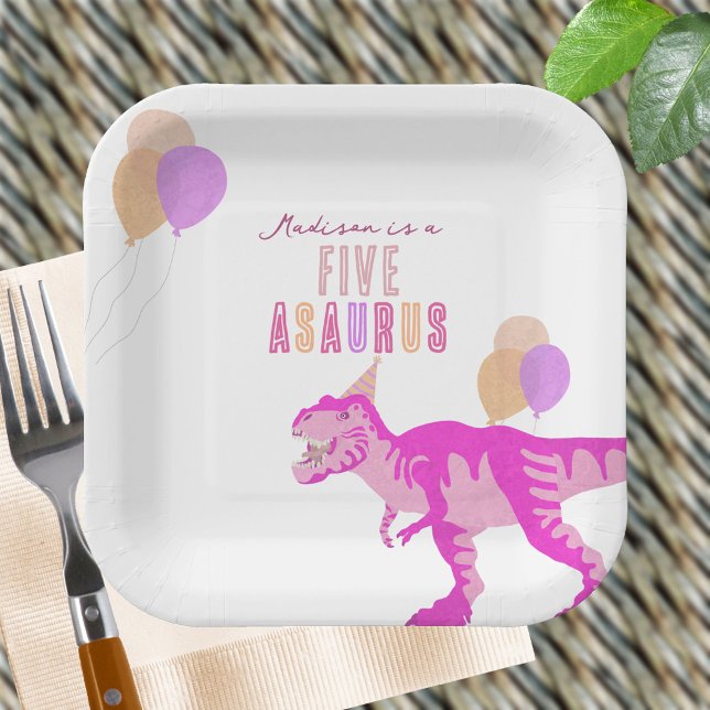 T-Rex Rosa jeden Niedlichen Dinosaurier Geburtstag Pappteller (It's a breeze to change the age on these cute pink T-Rex dinosaur birthday party paper plates)