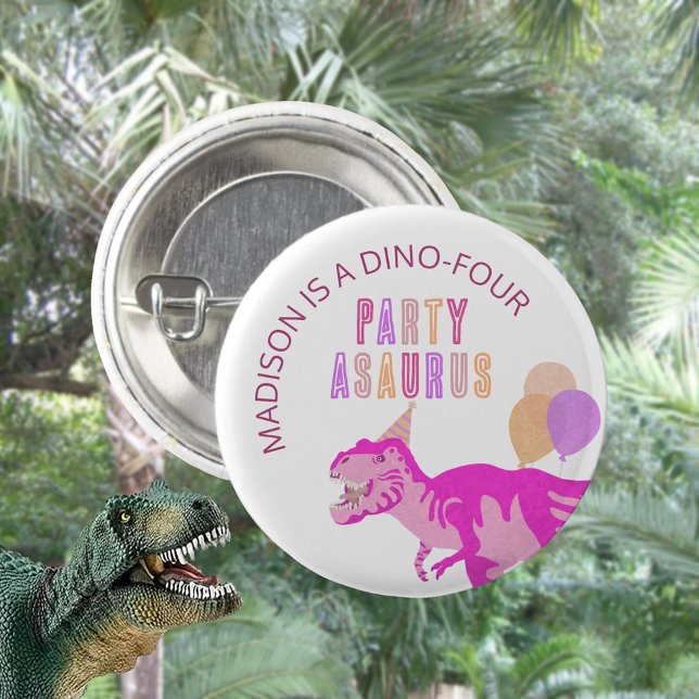T-Rex Rosa Party Asaurus Niedlich Dinosaur Geburts Button (These personalized pink T-Rex dinosaur birthday round pin back buttons are cute party favors)