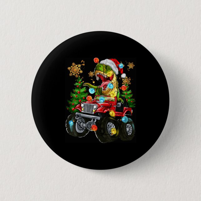 T-rex Santa In Monster Truck With Christmas Trees  Button (Vorderseite)