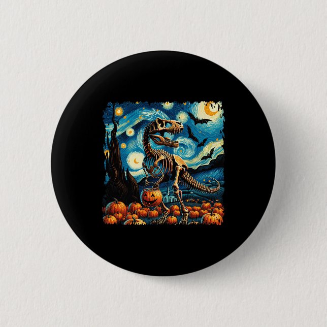 T-rex Skeleton Halloween Van Gogh Starry Night Fal Button (Vorderseite)
