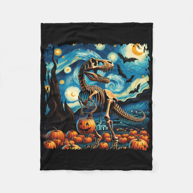 T-rex Skeleton Halloween Van Gogh Starry Night Fal Fleecedecke (Vorderseite)